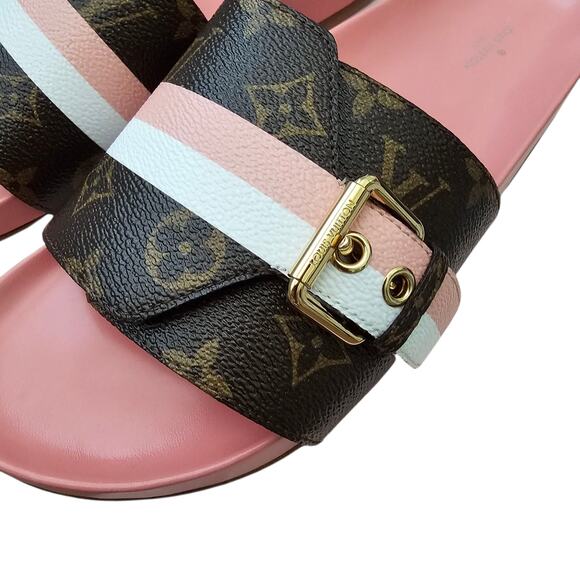 Louis Vuitton Bom Dia Flat Slide Mule Sandal Brown Pink LV Monogram Size 40 US10 - Picture 5 of 13